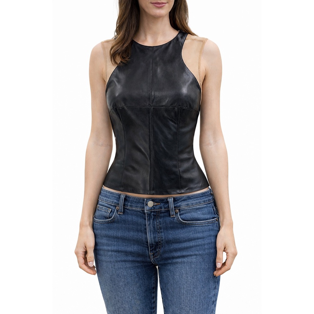 Bailey 44 Faux Leather Mesh Panel Sleeveless Top Black Nude Large USA Made